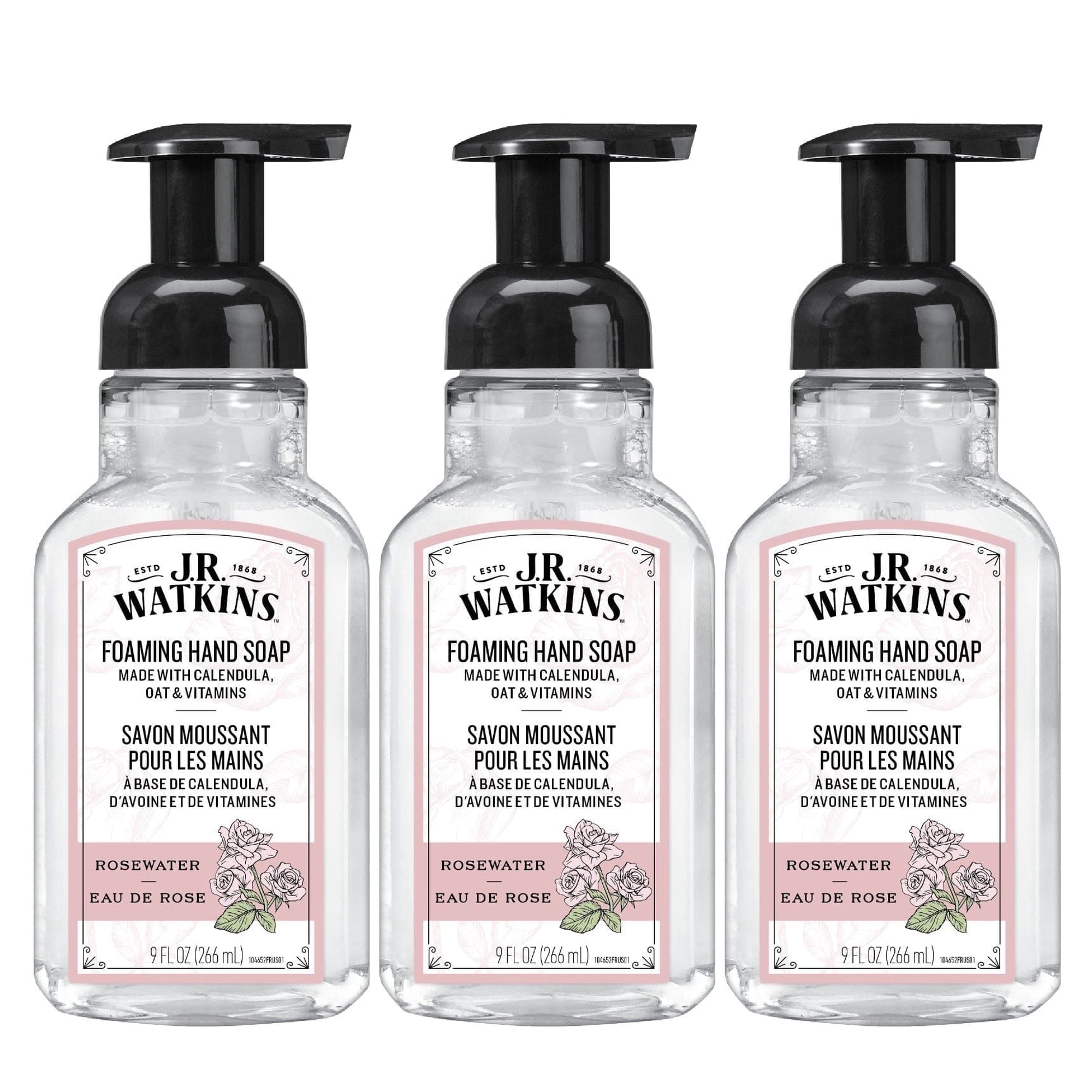 J.R. Watkins Foaming Hand Soap, Rosewater, 9oz (3 Pack)