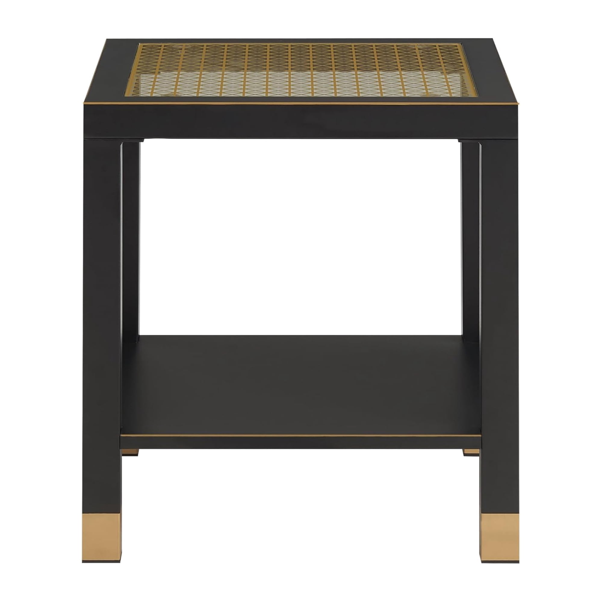 2-Tier Square Tempered Glass End Table with Golden Mesh & Metal Frame, Boho Side Nightstand for Bedroom Living Room Office
