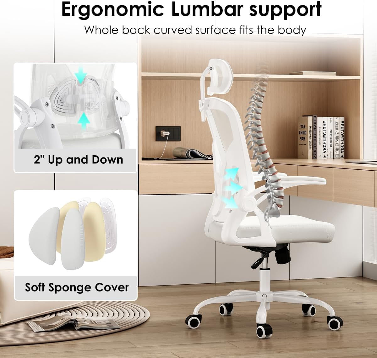 STARY Ergonomic Mesh Office Chair with Headrest, Tall Reclining Computer Chair with Adjustable Lumbar Support and Adjustable Arms for Home Office, White & White