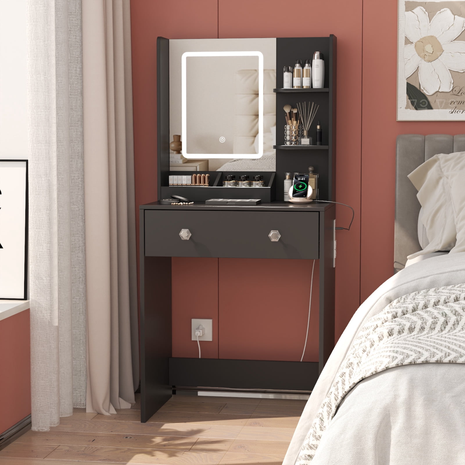 Tydimor Vanity Desk with Mirror & Lights, GRWM Vanity with Drawers & Storage Shelves, Makeup Dressing Table with Charging, Black