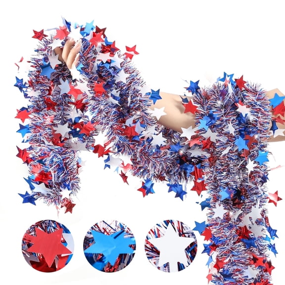 4th of July Patriotic Tinsel Garland Decoration 33FT, Red White and Blue Tinsel Garland with Shiny Star Metallic Garlands,Independence Day Memorial Day Decor for Home Indoor Outdoor