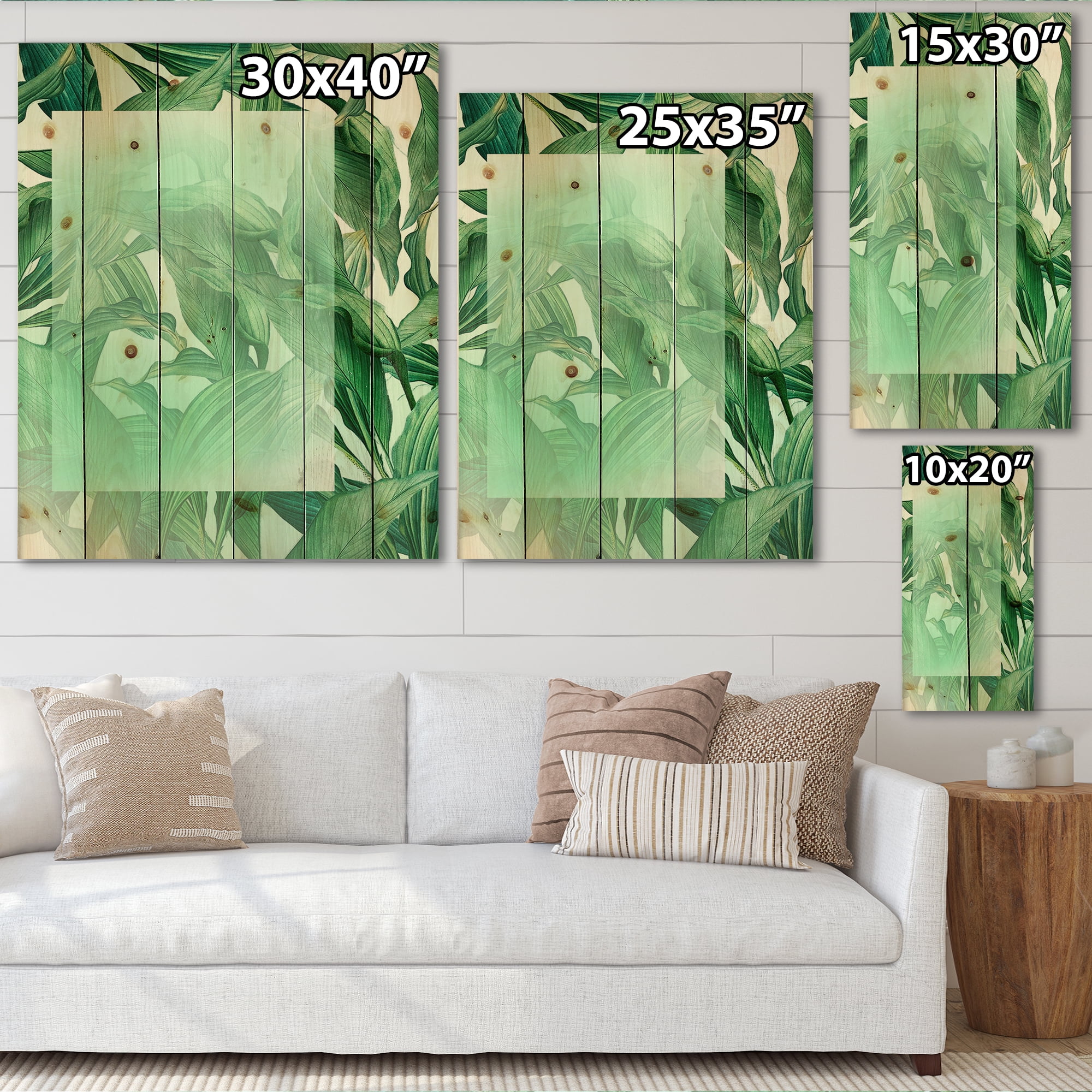 Designart 'Tropical Palm Green Leaves Under White Rectangle' Nautical & Coastal Print on Natural Pine Wood