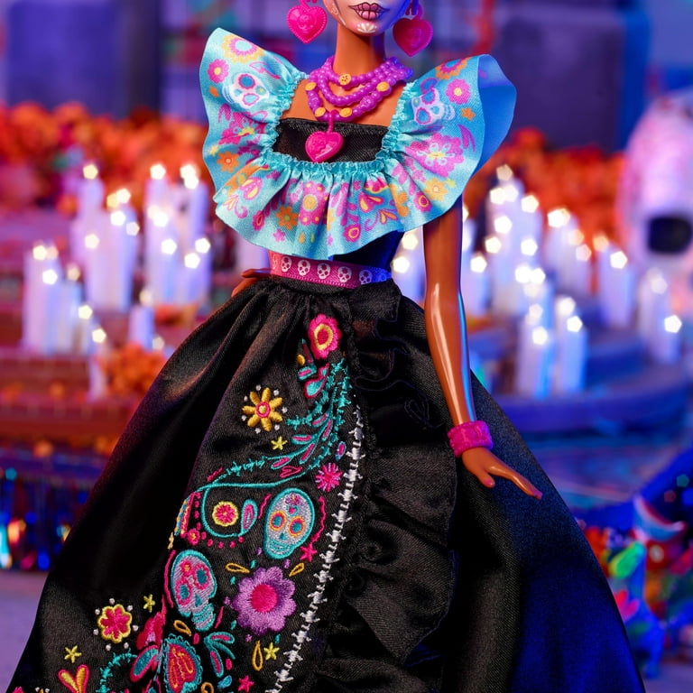 Barbie Signature Doll, 2024 Da De Muertos Collectible in Black Dress with Blue Ruffle Top, Embroidered Print, and Colorful Accessories - Walmart.com Barbie Signature Doll, 2024 Da De Muertos Collectible in Black Dress with Blue Ruffle Top, Embroidered Print, and Colorful Accessories - Walmart.com