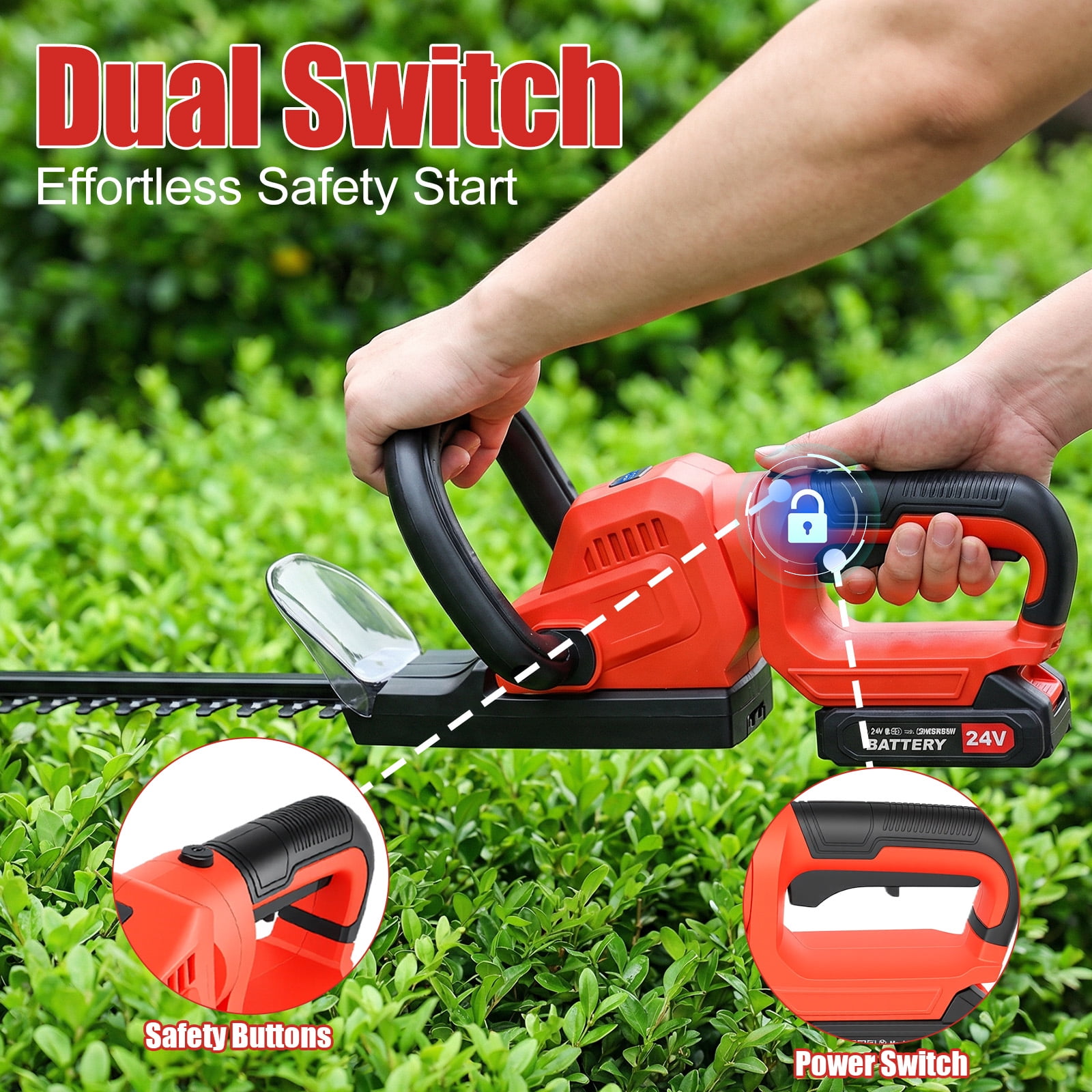 22" Cordless Hedge Trimmer with 180° Rotatable Head, 21V Electric Bush Trimmer with 2 x 2000mAh Batteries, 1000W 24000r/min Motor, 65Mn Steel Blade for Garden Yard, Red