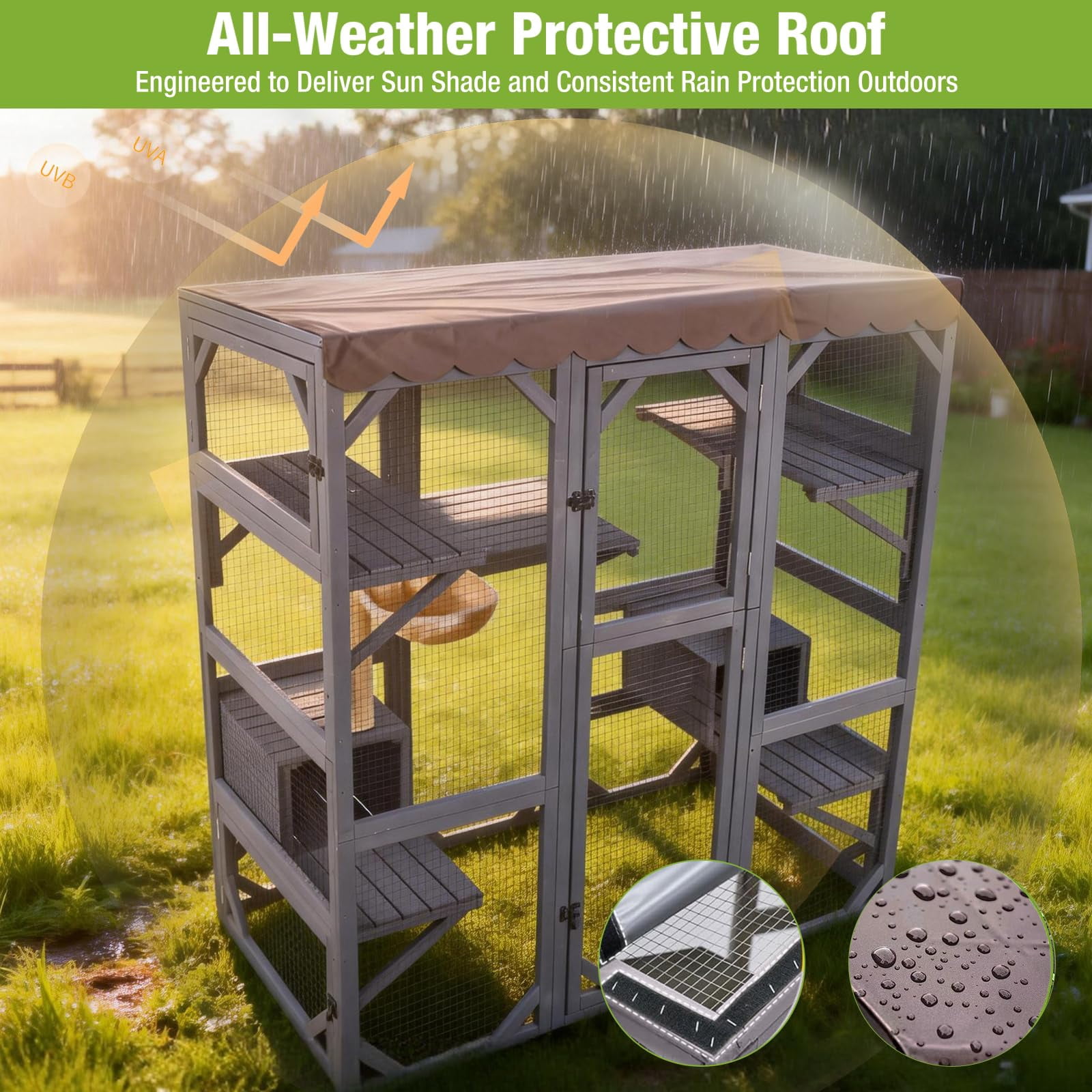 MEDEHOO Catio Outdoor Cat Enclosure - 70" Large Wooden Cat House with 5 Platforms, 2 Napping Boxes & Weatherproof Asphalt Roof, Walk-in Kitty Condo for Multiple Cats