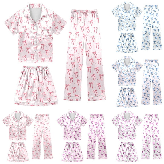 CAIXIA Girls Pajama Set Size 7 3-Piece Cartoon Pattern Silk Pajamas Plus Size Short Sleeve with Shorts and Pants Satin Sleepwear Loungewear Sets Nightwear for Bedtime,-Pink
