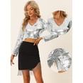 thumbnail image 2 of Top Corto con Lentejuelas para Mujer de Manga Larga con Cuello en V Blusa Corta de Color Brillante para Fiestas Plata L, 2 of 5