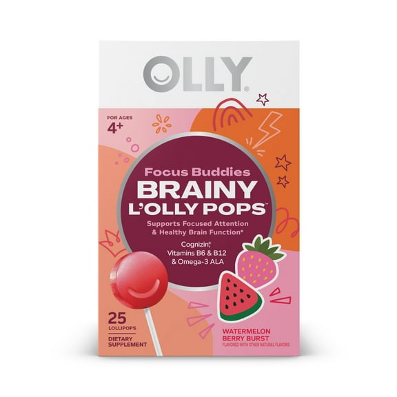 Olly Focus Buddies Brainy L’OLLY Pops, Kids 4 , Cognizin, Vitamins B6 & B12, Omega-3 Ala, Watermelon Strawberry Flavored Lollipops, 25 Ct