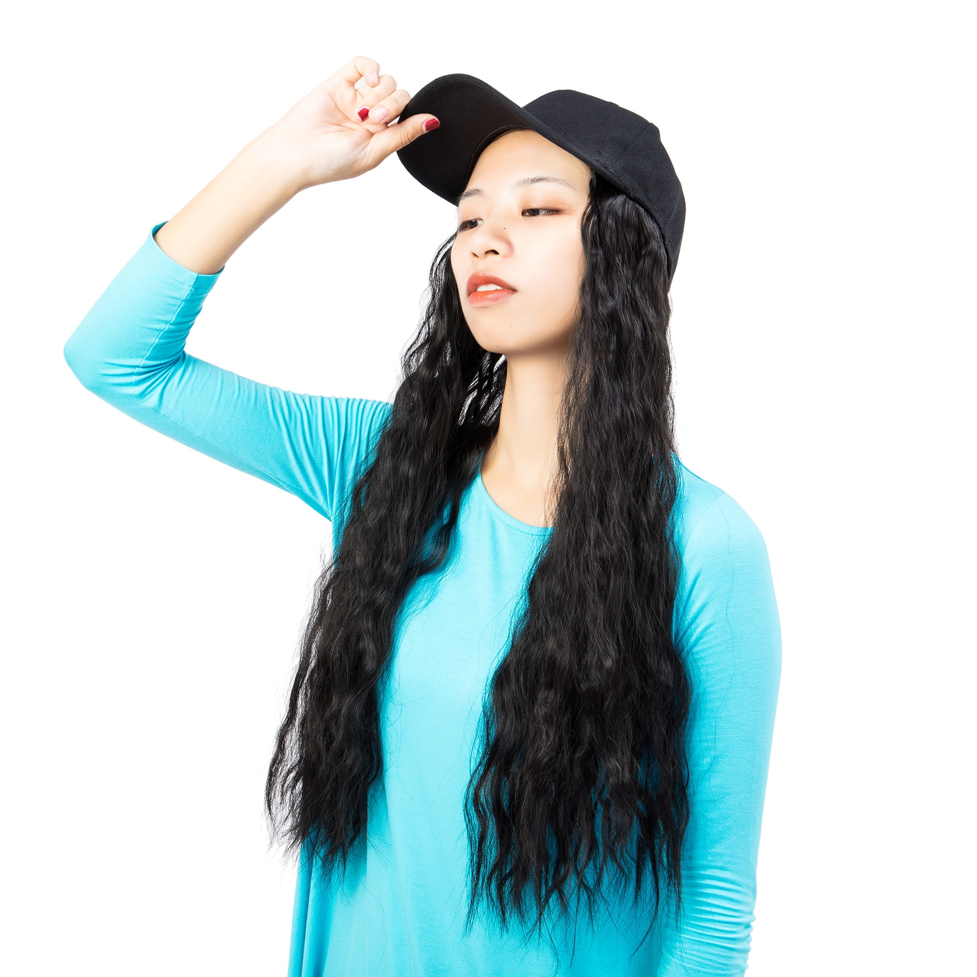Adjustable Baseball Cap with Attached Long Black Hair Rasta Braids with Beads