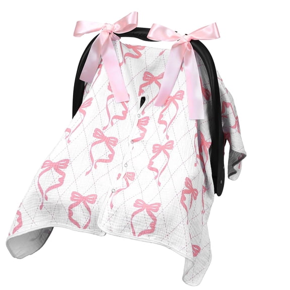 Pure cotton embroidered baby car seat sunshade, pink bow sunshade with ruffle design, stroller canopy, baby gift