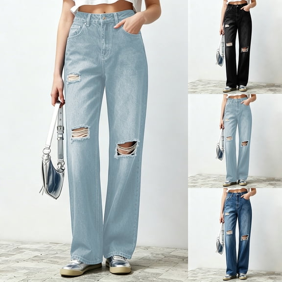 Stamzod Womens Jeans Fashion Ripped Straight-Leg Denim Pants Casual Loose High Waisted Jean Trousers with Pockets Light Blue L
