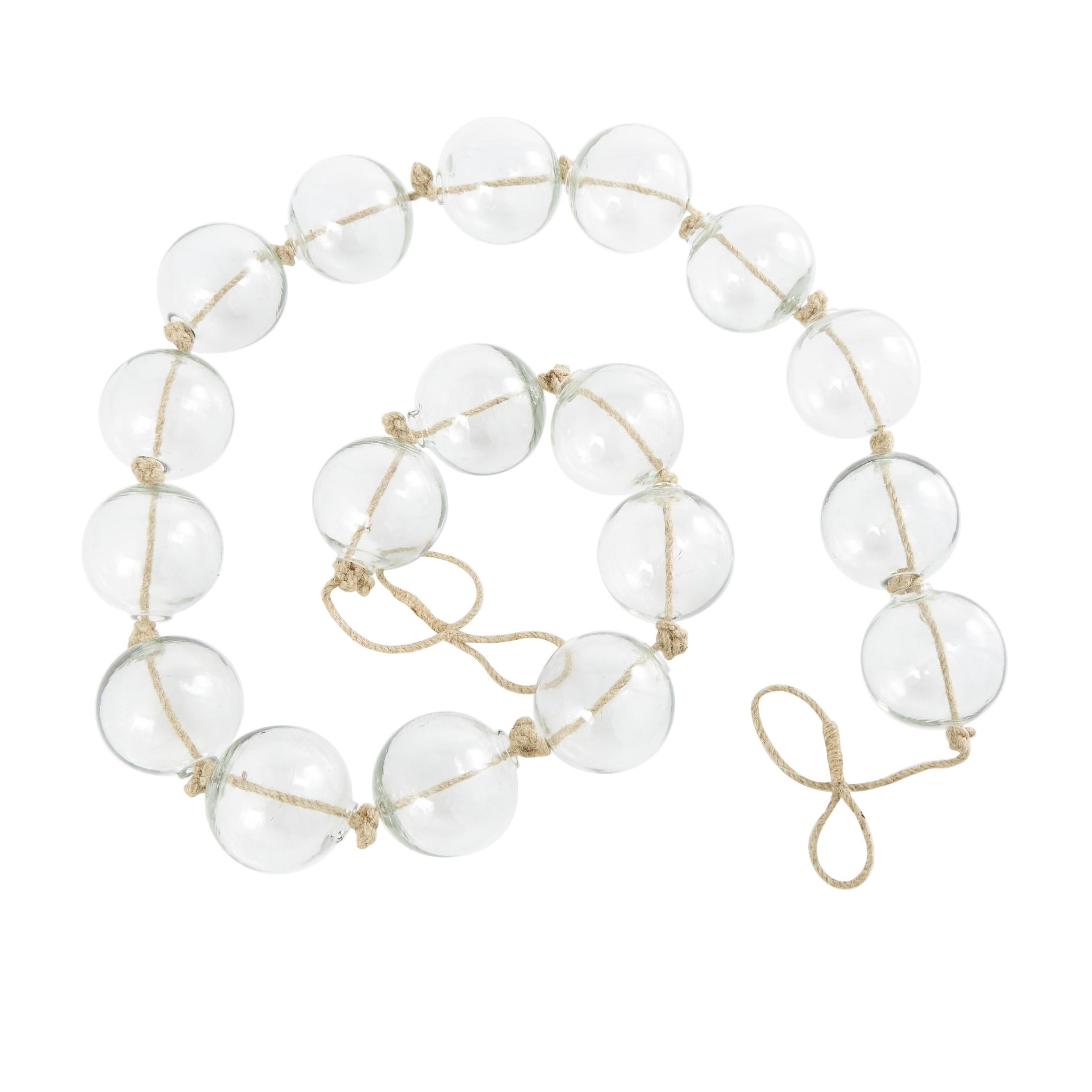 DecMode Handmade Round Extra Long Frosted Orb Clear Glass Garland with Tassel with Knotted Jute Rope
