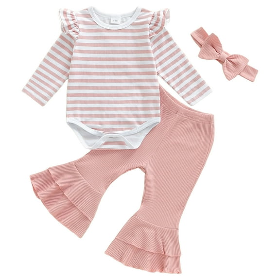 Ulanda Baby Girl 3 Piece Set Striped Romper Pink Flare Pants Bow Headband Outfits Girls Cute Clothes (Pink, 3-6 Months)