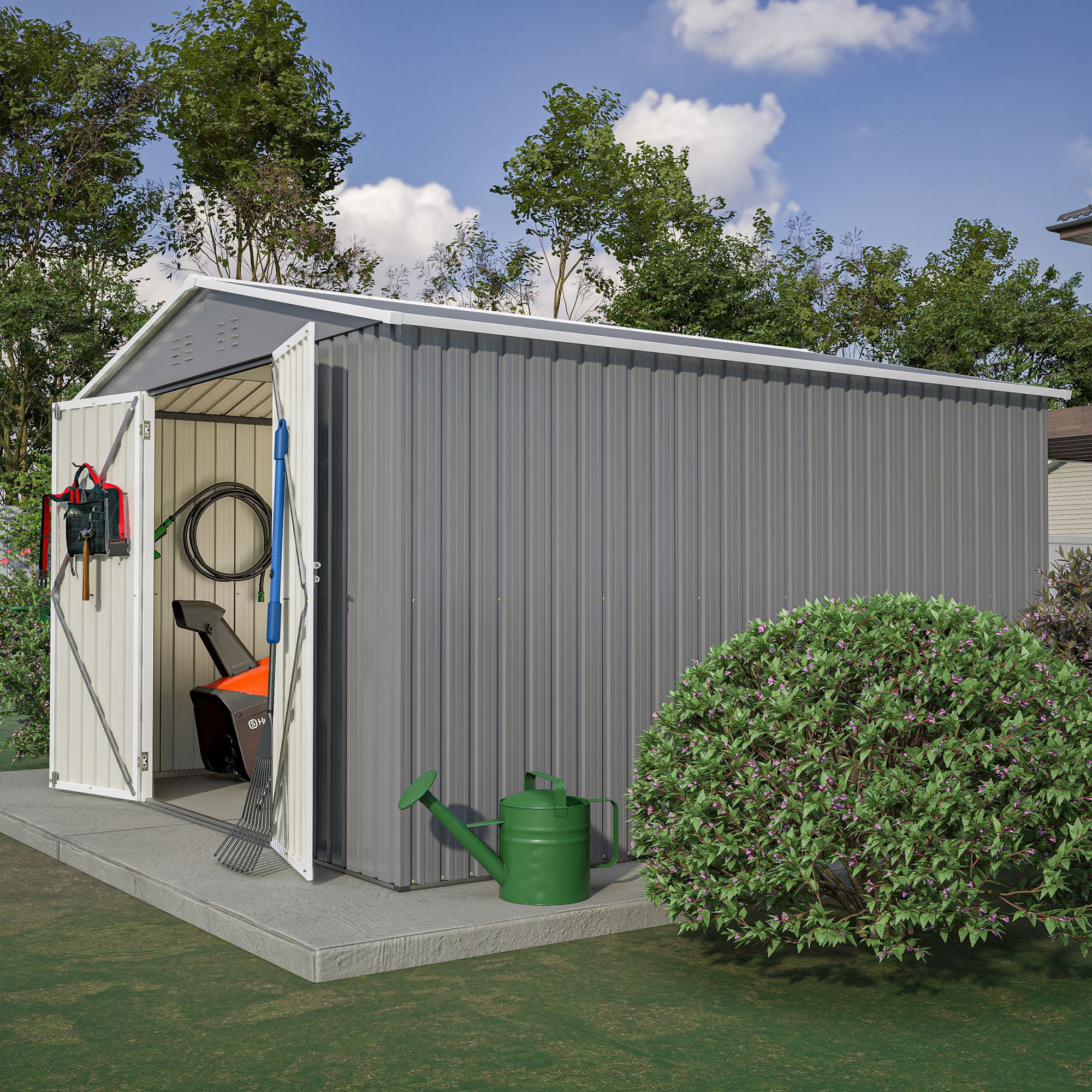 10x10 FT Outdoor Storage Shed, Large Steel Metal Garden Shed with Lockable Door, Storage Tool House for Bike Storage, Tool Storage, Temporary Storage, Backyard, Garden, Patio, Lawn