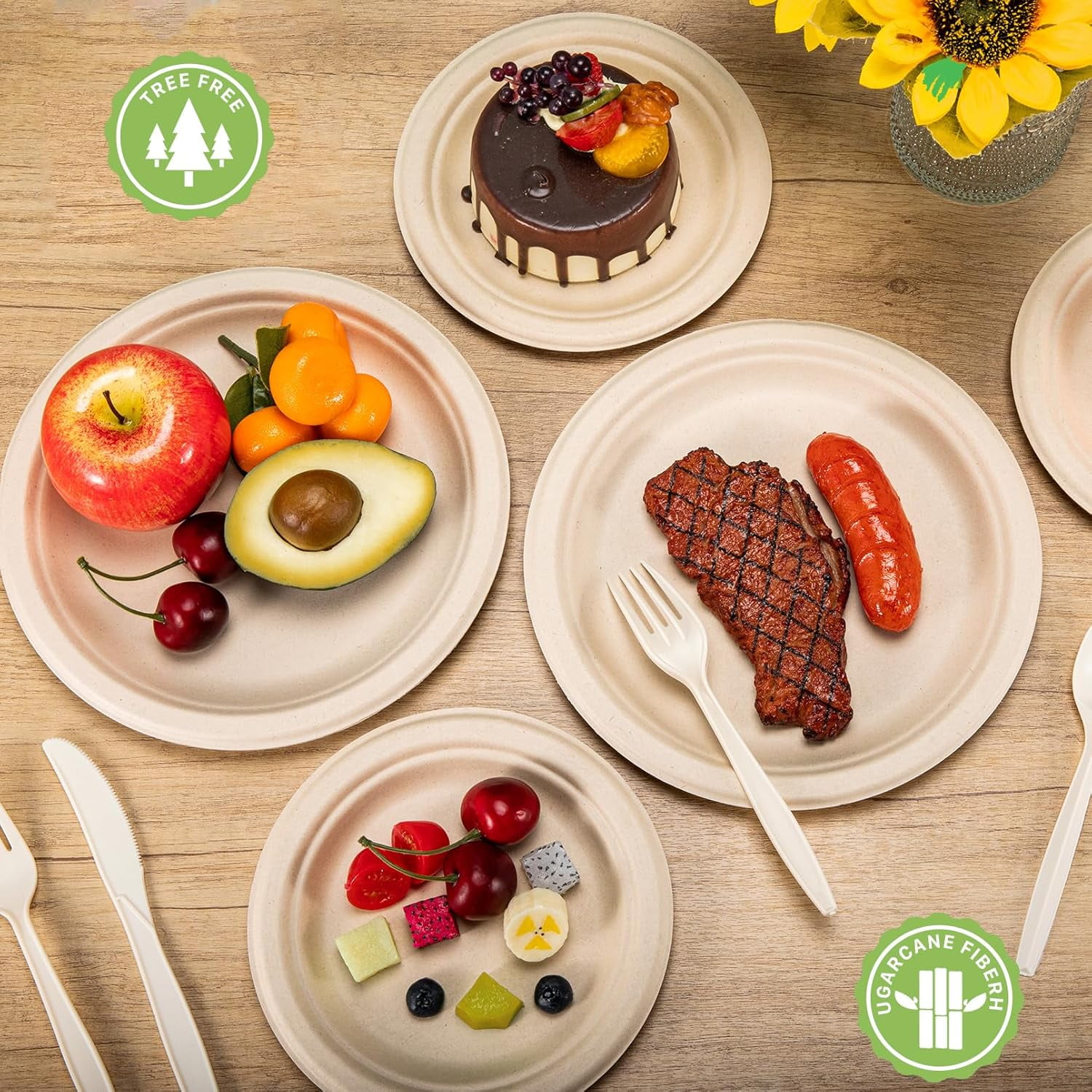 250 PCS Compostable Paper Plates Set,Heavy Duty Disposable Paper Plates Set,Biodegradable plates and utensils Includes Plate,Extra Long Forks,Knives,Spoons for Party Camping