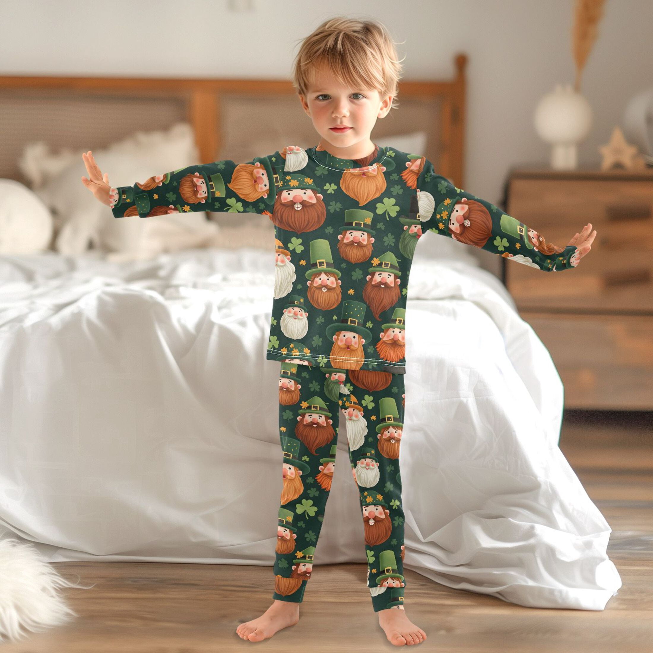 Beard Green Elf Pattern Cotton Pajamas 2 Piece Set Sleepwear Soft and Comfortable Homewear Nightwear