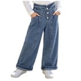thumbnail image 2 of Bixock Jeans for Girls High Waist Straight Leg Denim Pants Kids Wide Leg Elastic Waist Solid Color Stretch Loose Fall Winter Casual Outer Wear Size 3-4Years, 2 of 6