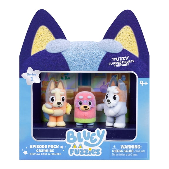 Bluey Fuzzies Episode Pack: Grannies. 3 Flocked Collectibles (Incl. 1 Exclusive), Display Case, Trading Card, and Collector's Guide. Ages 4 