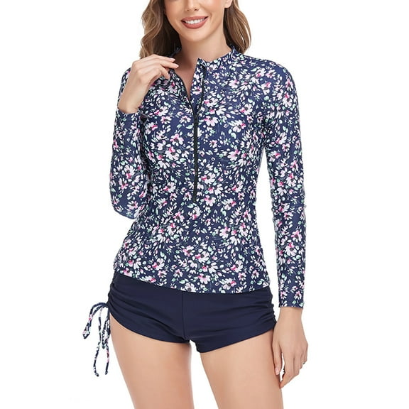 SWSMCLT Women's Rash Guard Long Sleeve Surf Summer Swimming 2 Piece Bathing Suit Rash Guard Modest Uv Protection Swimwear Navy 12