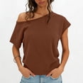 thumbnail image 3 of Craaazy Womens Short Sleeve Shirts Plus Size Loose Fit Solid Color Asymmetrical Neck Off The Shoulder Tops for Casual Summer, 3 of 9