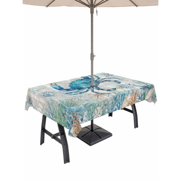 Outdoor Tablecloth with Umbrella Hole for Patio/Picnic/Party/Camping, Teal Crabs Coastal Waterproof Table Cloth Rectangle Table Cover Washable, Summer Beach Coral Nautical Ocean (60"x 102")