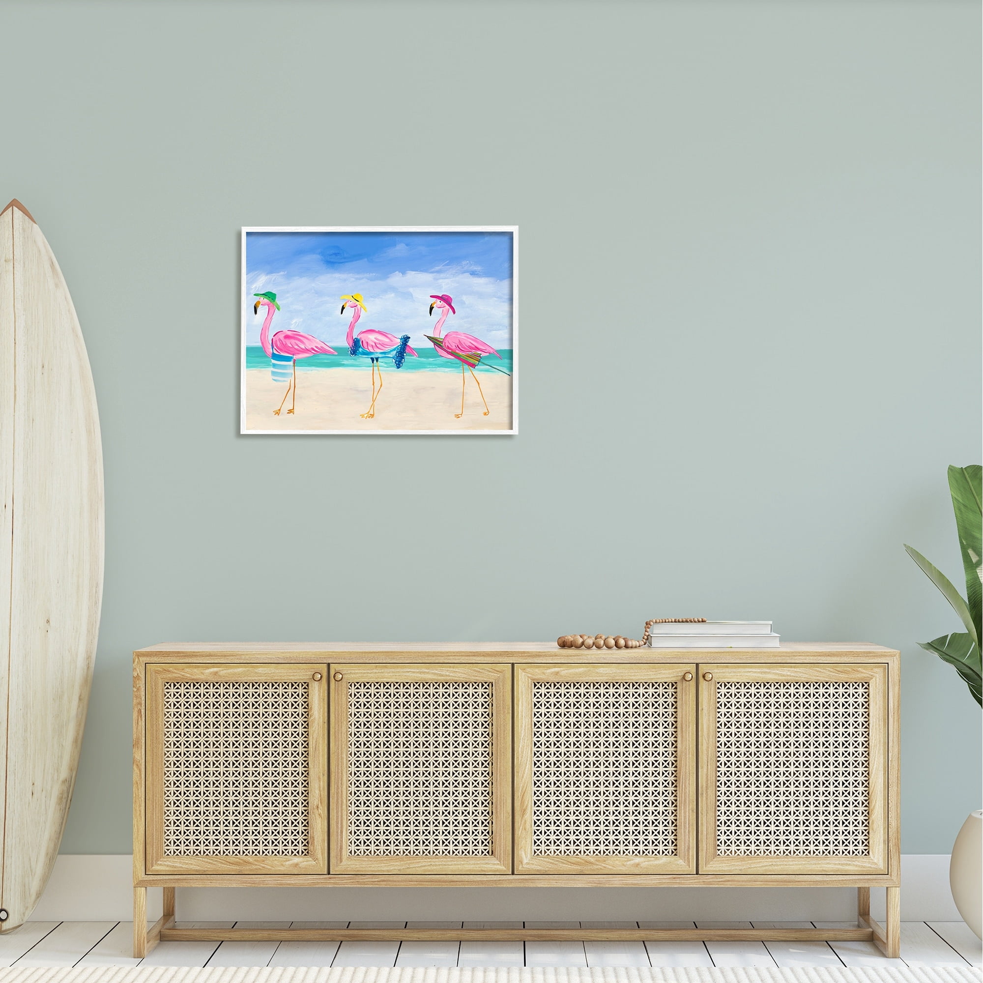 Stupell Industries Cute Pink Flamingos Beach Attire Strolling Coast Illustration , 14 x 11, Design by Julie Derice