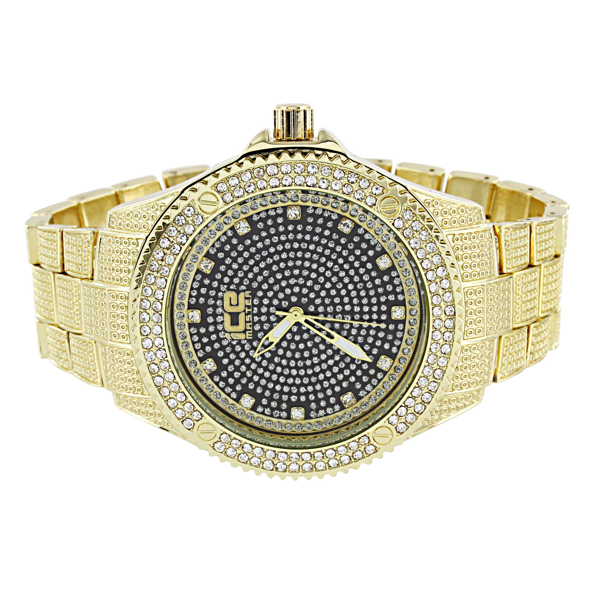 Master Of Bling Icy Mens Watch Gold Tone Simulated Diamonds Black