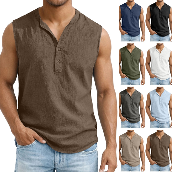 Gamivast Linen Tank Tops for Men Band Collar Sleeveless Beachwear Casual Sleeveless Shirts Regular Fit Solid Lightweight Soft Muscle Shirts Summer Tops