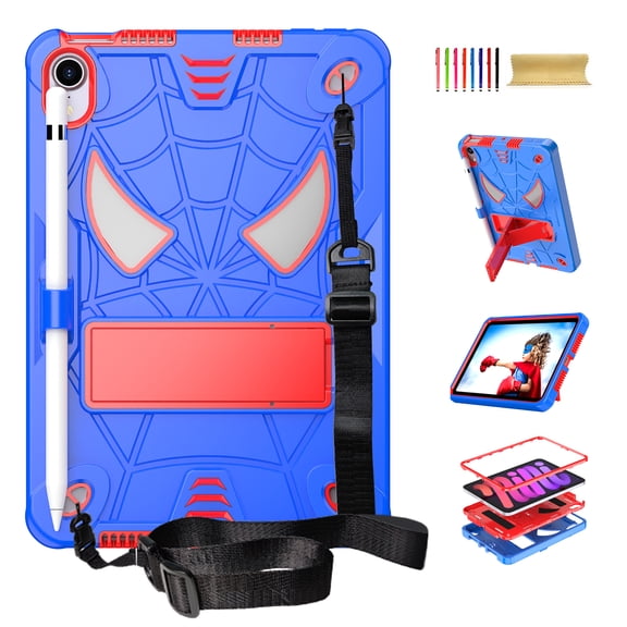 TECH CIRCLE for iPad Mini 8.3" (A17 Pro), iPad Mini 6 (8.3") 3-Layer Rugged Shockproof Case with Shoulder Strap, Built-in Kickstand, Pencil Holder, Cute Spider Heavy Duty Tablet Cover, Blue Red