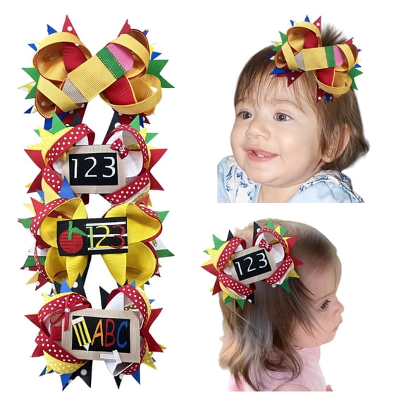 Joybowie 4 Pack 5 Inch Back To School Hair Bows, Layered Grosgrain Ribbon Clips For Girls Toddlers Infants