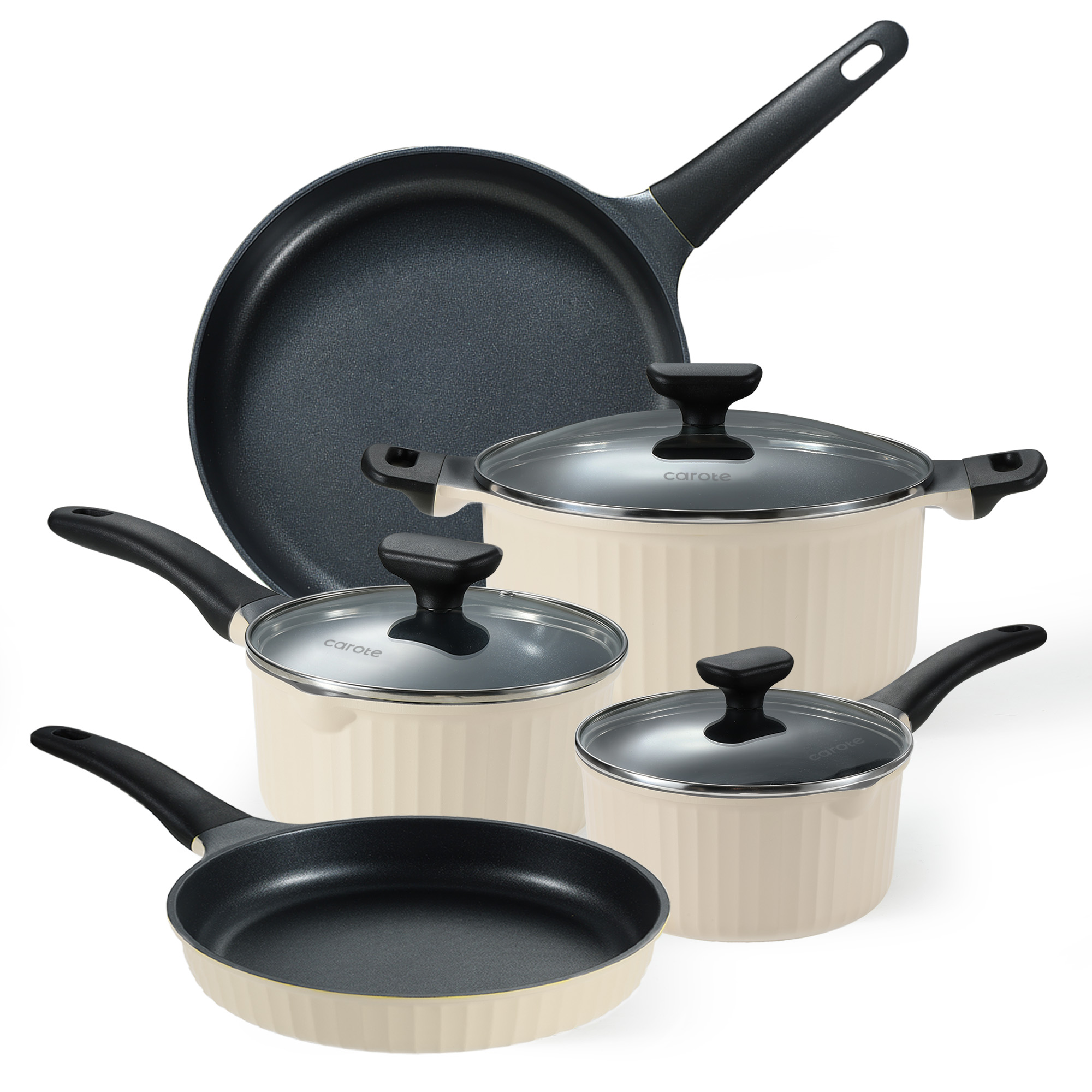 Carote Nonstick Cookware Sets, 8 Pcs Non Stick Pots and Pans Set, Induction Cookware, Oatmeal