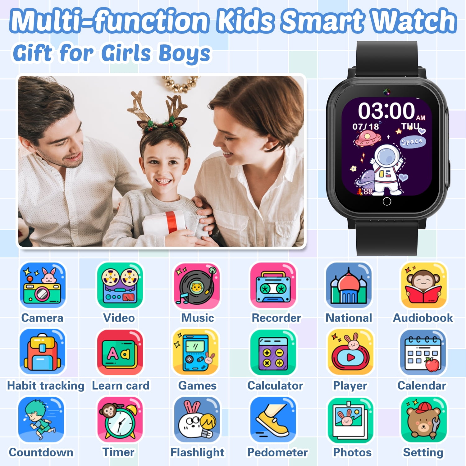 Vakzovy Waterproof Smart Watch for Kids with 32 Games Dual Camera Video Habit Tracking Music Player Pedometer Screen Protectors Lanyard, HD Touchscreen Kids Watch Toy Birthday Gift for 3-12 Year Old