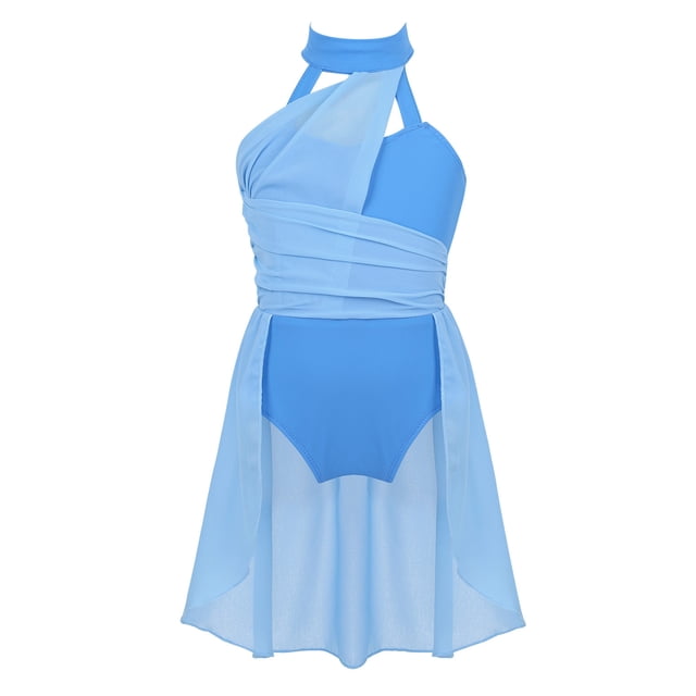 Hansber Robe Justaucorps Sans Manches Froncée en Mousseline Superposée pour Filles Enfants Ballet Contemporaine Lyrique Robe de Danse Bleu Clair 14
