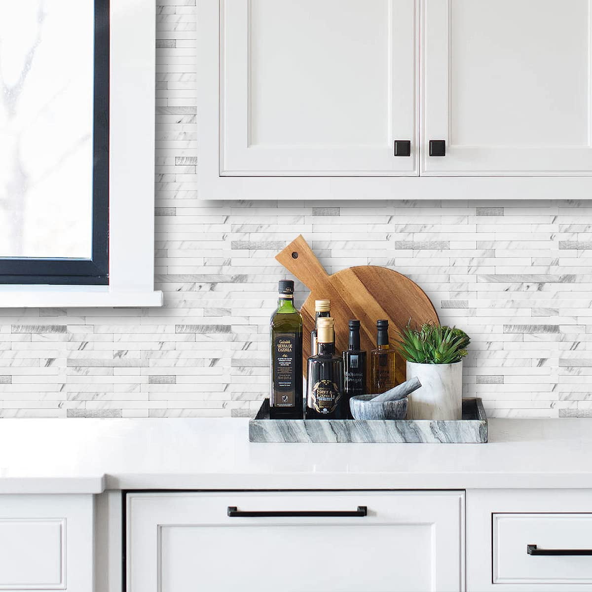 20 Sheets Faux Stone Peel And Stick Backsplash  White Marble Look Pvc Wall Tiles On For Kitchen