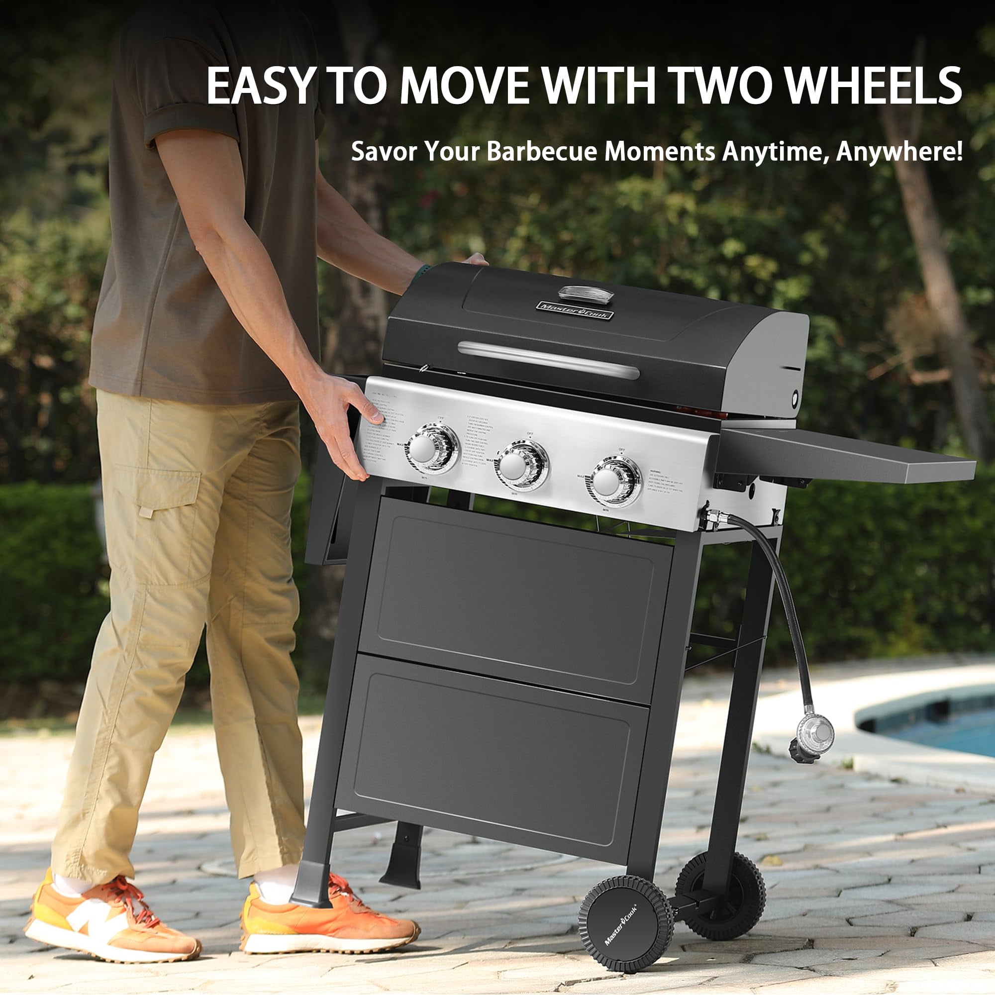 Master Cook 3-Burner Propane Gas Grill, 472 Sq In Cooking Area, 30,000 BTU Outdoor BBQ Grill for Patio, Backyard
