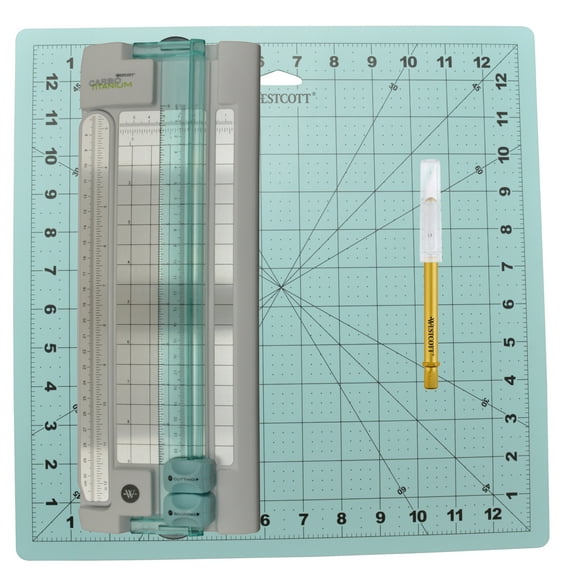 Westcott Paper Crafting Set, Trimmer, 9", Hobby Knife, Craft Mat, 12"x12", Blue, 3-Pack