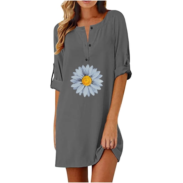 Vestido de botón de cuello redondo de manga media con estampado casual de verano de moda para mujer Pompotops ghjkhdj14625