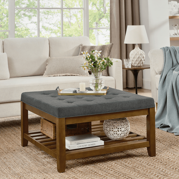 Upholstered Large Square Ottoman with Beech Wood Shelf - Dark Gray for Living Room, Oversized Footrest & Storage