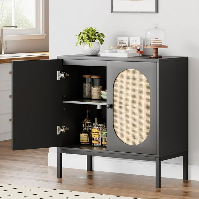Royalbelle Armoire de Rangement en Rotin Noir de 31,5 Po, Buffet à 2 Niveaux, Boho