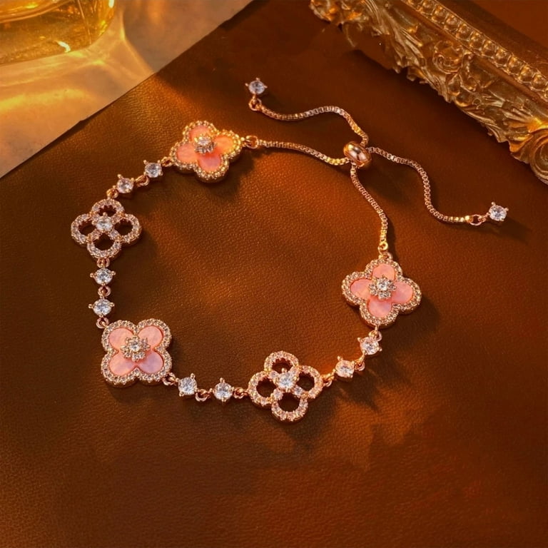 Vintage Four-Leaf Clover Bracelet Pink Shell With Micro-Inlaid