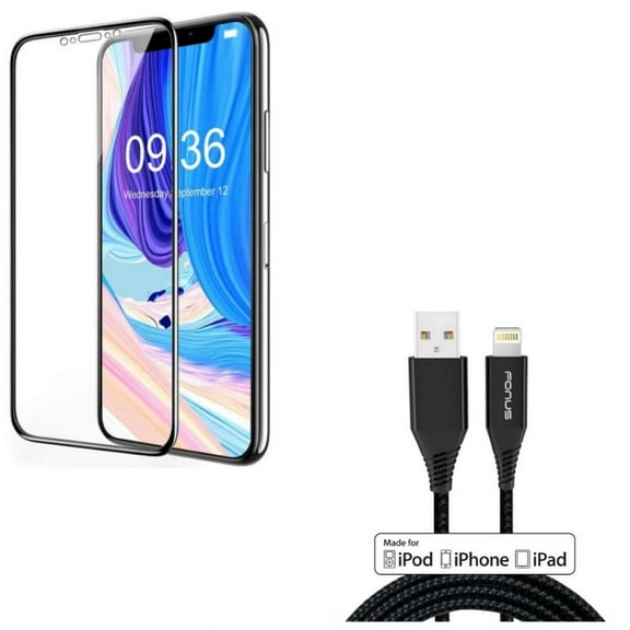 iPhone XS/X - Ceramics Screen Protector w Certified 6ft MFi USB Cable - Matte 3D Curved Edge Full Cover Anti Glare Anti Fingerprint 9H Hardness, Charger Cord Power Wire Braided Long Fast Charge