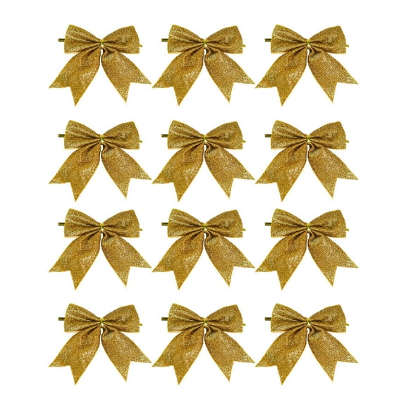 LanSuare 12Pcs Christmas Glitter Bow Decorations, Small Sequin Bows Christmas Tree Ornaments, Sequin Ties Xmas Bows for Home Wreaths, Holiday Party, Gift Wrapping(3.9"x3.5", Gold)