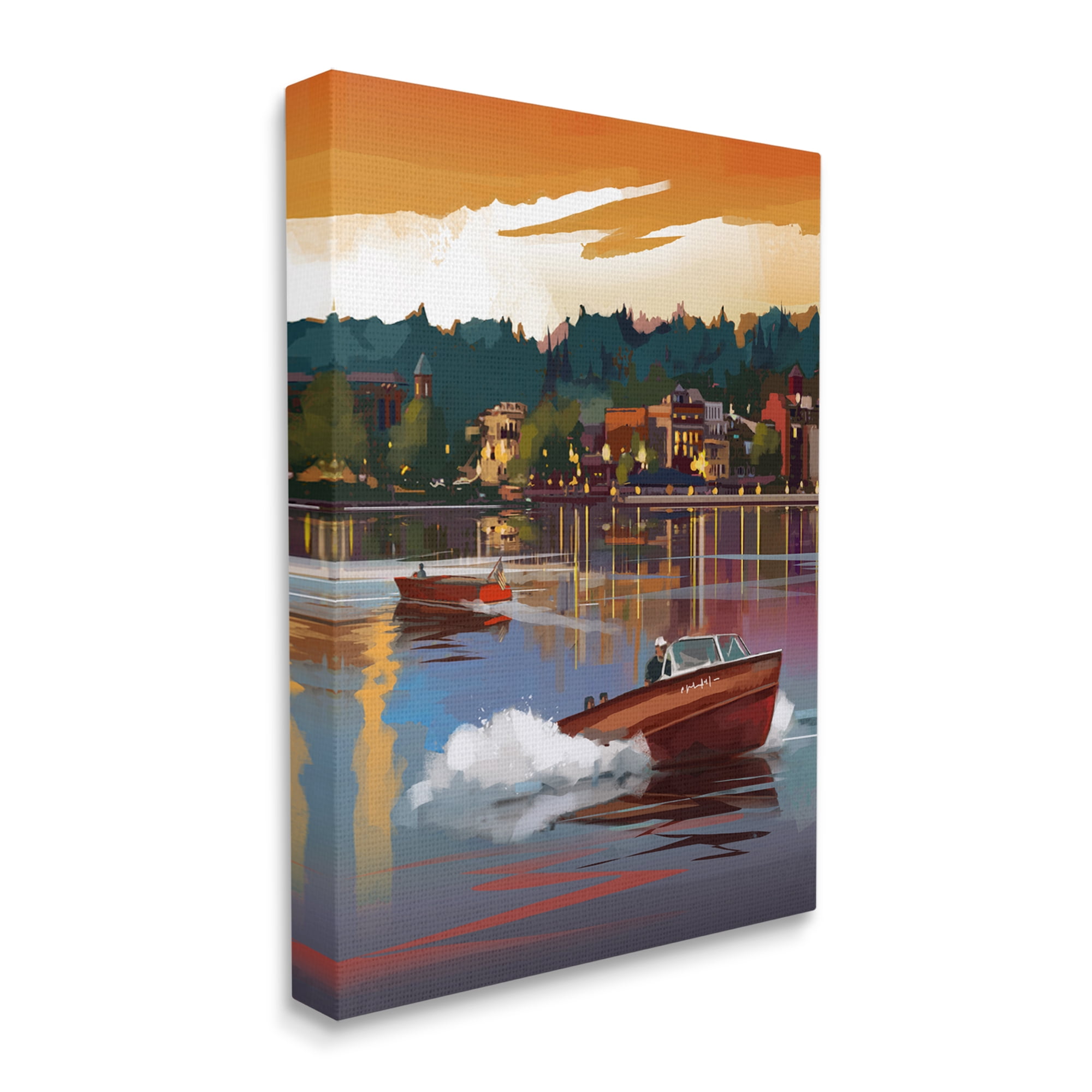 Stupell Industries Boats at Sunset Pier Transportation Painting Gallery Wrapped Canvas Art Print Wall Art, 36 x 48