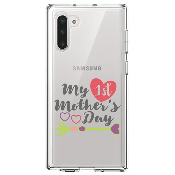 DistinctInk Clear Shockproof Hybrid Case for Samsung Galaxy Note 10 (6.3" Screen) - TPU Bumper Acrylic Back Tempered Glass Screen Protector - My First Mother's Day Hearts