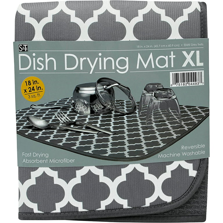Reversible XL Microfiber Dish Drying Mat for Kitchen, 18 Inch x 24 Inch,  White Trellis 