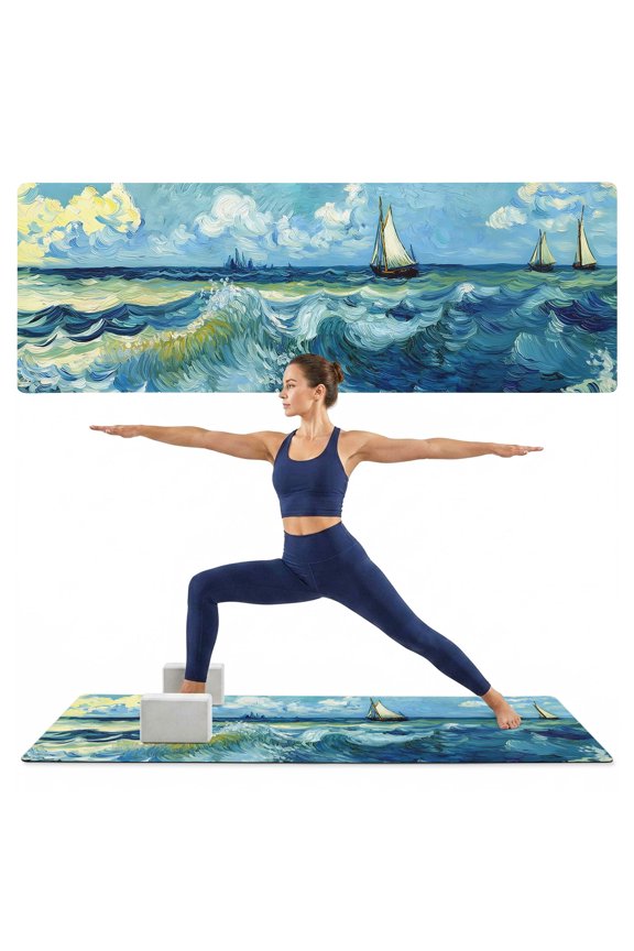 Yoga Mat Sailing Boat Yoga Mats with Strap & Shortage Bag Non Slip Workout Mats Absorbent Cushion Pad Ocean Waves Impressionist Exercise Mat for Yoga Pilates Stretching Home Gym 68"x24"