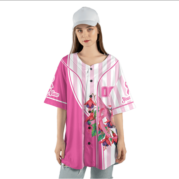 Custom Breast Cancer Awareness Jersey – Pink Ribbon Baseball Shirt with Floral & Hummingbird Design – Personalized Support Top