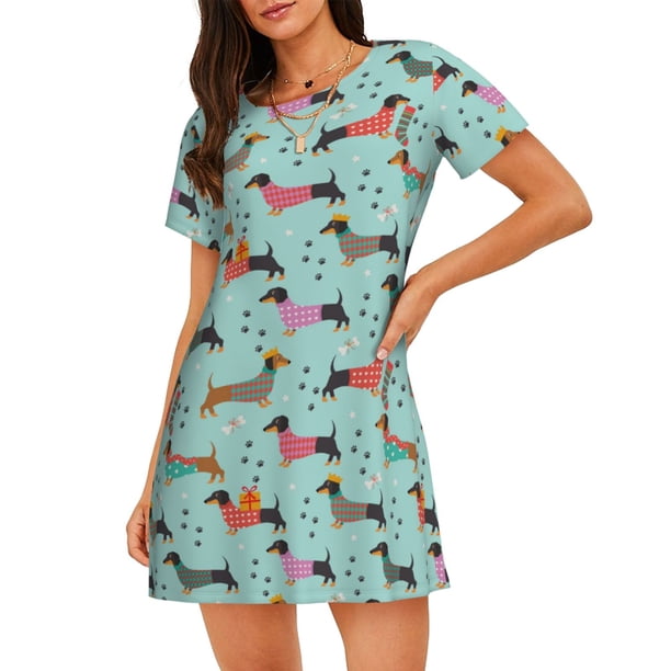Balery Christmas Dachshund Camisón de manga corta con cuello redondo para mujer, cómodo y elegante.