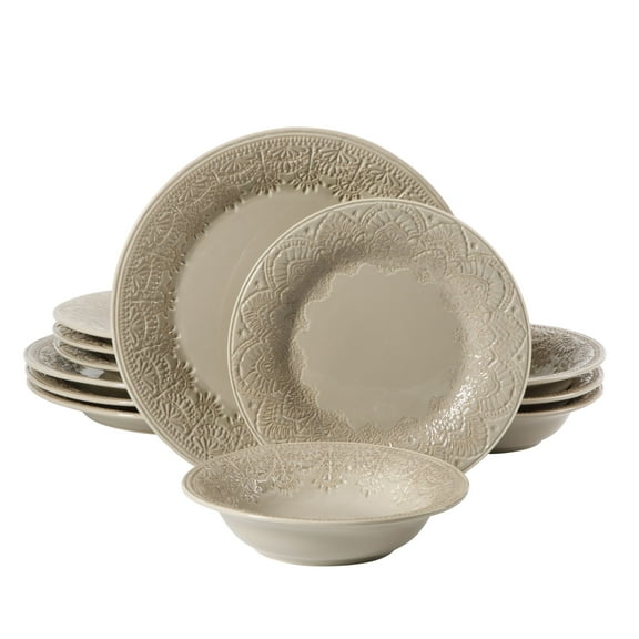 The Pioneer Woman Vintage Lace 12-Piece Ceramic Dinnerware Set, Taupe