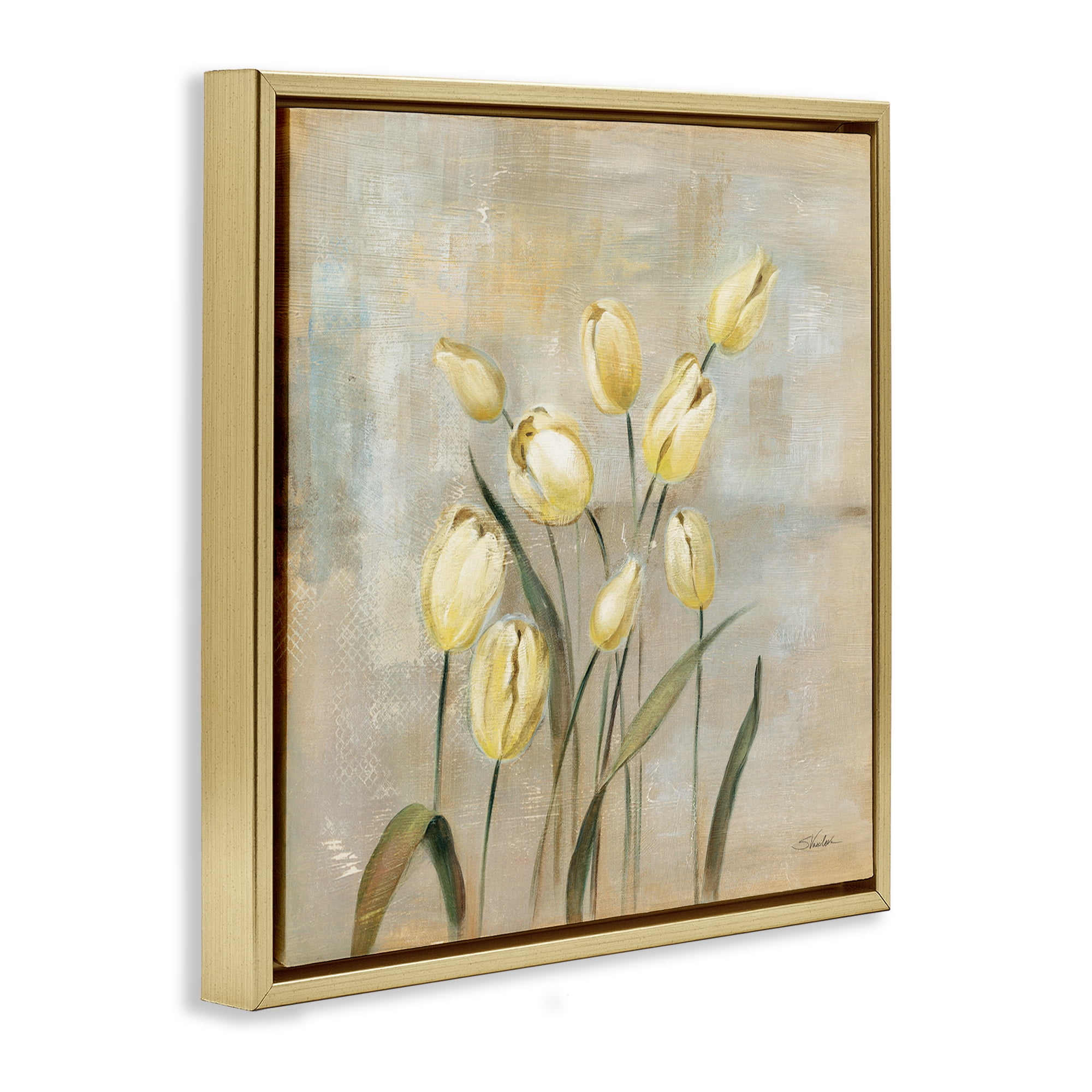 Stupell Industries Yellow Tulips on Beige Botanical & Floral Painting Gold Floater Framed Art Print Wall Art, 25 x 25